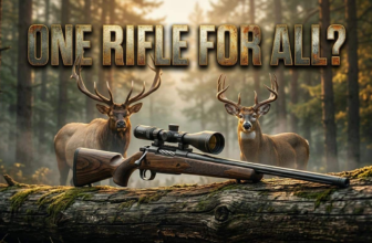 A rifle rests on a mossy log in a forest, with two deer in the background, questioning if one rifle is enough.