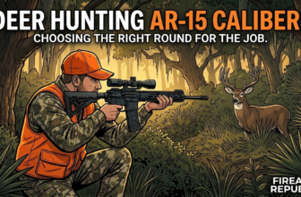Hunter aiming at a deer in the woods, discussing AR-15 calibers for deer hunting effectiveness.