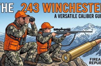 Hunters in orange vests explore mountainous terrain, focusing on a .243 Winchester caliber guide illustration.