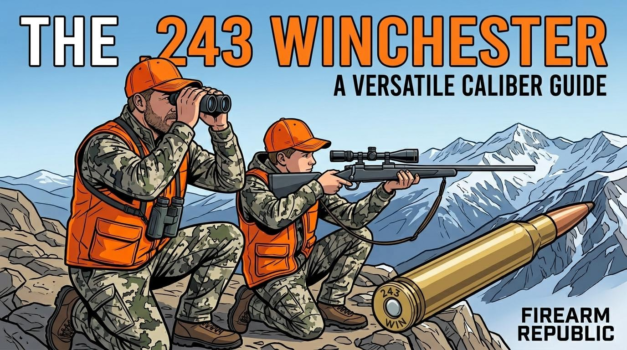 Hunters in orange vests explore mountainous terrain, focusing on a .243 Winchester caliber guide illustration.