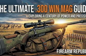 Illustration of a .300 Win Mag rifle on a shooting bag, with ammo and grazing deer in a scenic landscape.