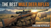 Illustration of a rifle and hunting bag with a deer in the background, promoting the best mule deer rifles.