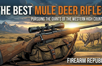 Illustration of a rifle and hunting bag with a deer in the background, promoting the best mule deer rifles.