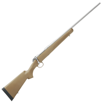 Side view of a modern rifle with a beige stock and silver metal barrel, showcasing its sleek design.