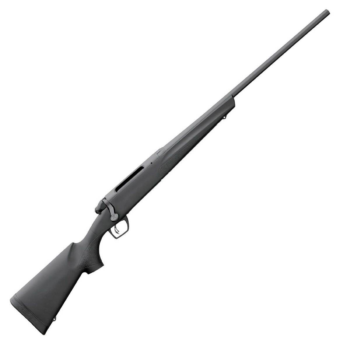 Black bolt-action rifle on a white background, ideal for hunting and shooting sports. High precision and durability.