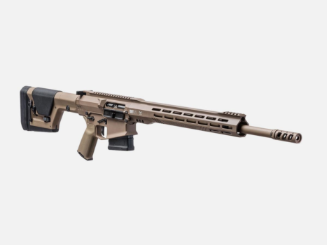 Modern tactical rifle with a sleek design, featuring a tan finish and modular components for improved customization.
