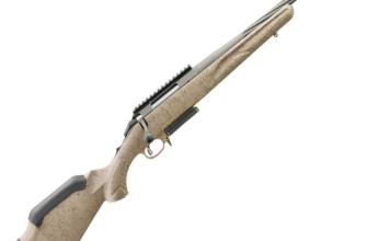 Side view of a precision rifle featuring a textured beige stock and metallic barrel, ideal for hunting and target shooting.