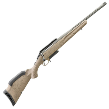 Side view of a precision rifle featuring a textured beige stock and metallic barrel, ideal for hunting and target shooting.