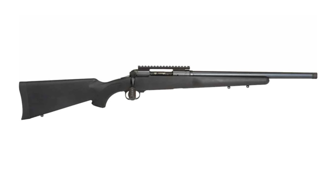 Black bolt-action rifle with a synthetic stock and a long barrel, designed for precision shooting and hunting.