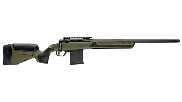 Savage bolt-action rifle with green stock, featuring a long barrel and Picatinny rail for scope mounting.