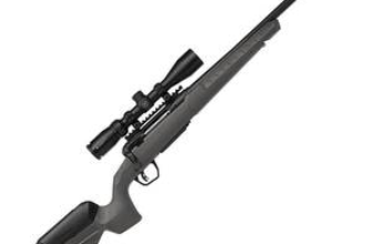 Close-up of a black rifle with a scope, showcasing its sleek design and precision features for hunting or sport shooting.