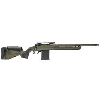 Green tactical rifle with a precision barrel and ergonomic stock design, ideal for hunting and competitive shooting.
