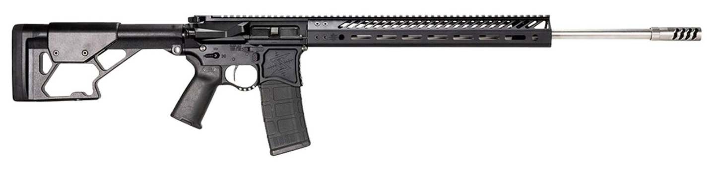 Black modern firearm with a sleek design, featuring an adjustable stock and a detachable magazine.