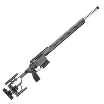 Gray precision rifle with a long barrel and adjustable stock on a white background.