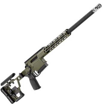 Modern green rifle with an elongated barrel and tactical accessories, designed for precision shooting and stability.