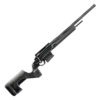 Side view of a sleek black precision rifle with a tactical stock and scope mount, ideal for long-range shooting.