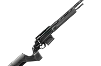 Side view of a sleek black precision rifle with a tactical stock and scope mount, ideal for long-range shooting.