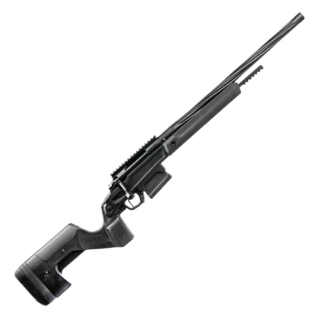 Side view of a sleek black precision rifle with a tactical stock and scope mount, ideal for long-range shooting.