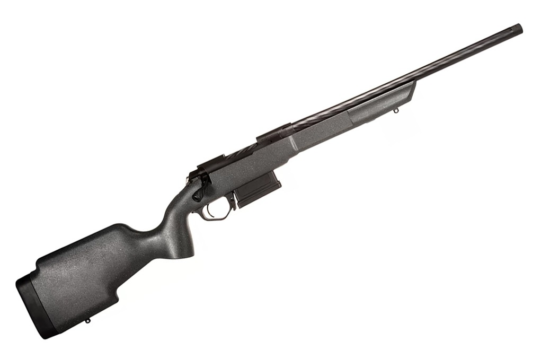 Black rifle with a sleek design, featuring a textured stock and long barrel, suitable for hunting and shooting sports.
