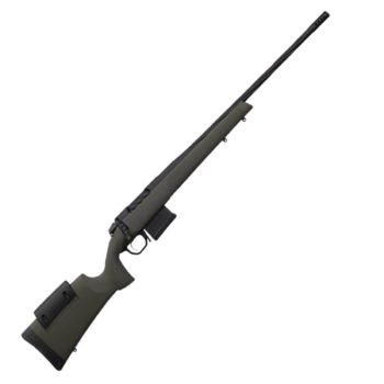 Close-up of an olive green bolt-action rifle with a long barrel and ergonomic stock, ideal for hunting and precision shooting.