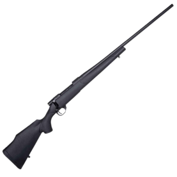 Black bolt-action rifle against a white background, showcasing its sleek design and precision features.