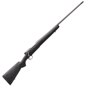 Black and silver bolt-action rifle with a textured stock, designed for precision shooting and hunting.