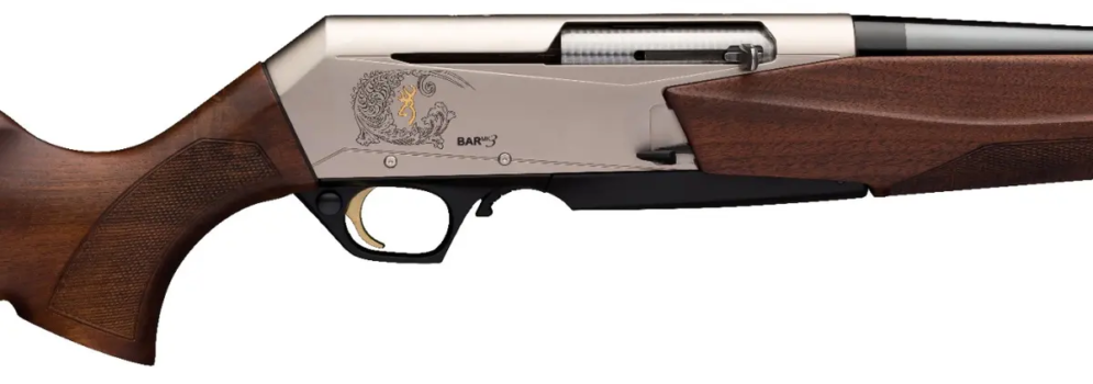 Side view of a sleek, modern shotgun with elegant wood stock and engraved design, showcasing craftsmanship and detail.
