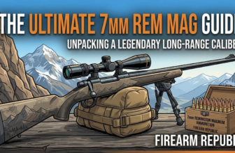 7mm Rem Mag rifle with scope on a wooden surface, mountains in the background, showcasing long-range caliber ammunition.