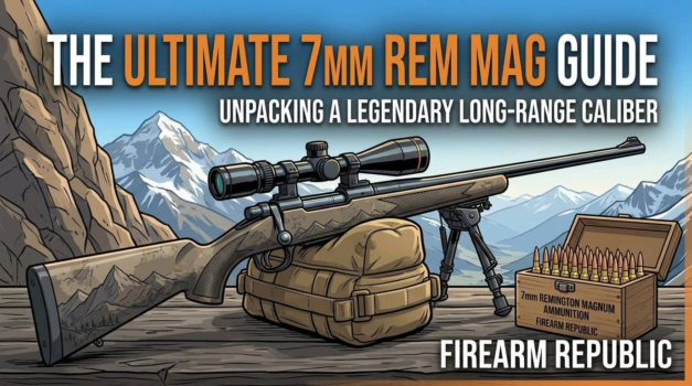 7mm Rem Mag rifle with scope on a wooden surface, mountains in the background, showcasing long-range caliber ammunition.