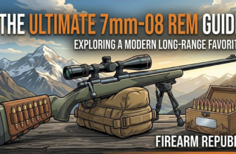 Illustration of a 7mm-08 Rem rifle with ammunition, highlighting long-range shooting in a mountain backdrop.