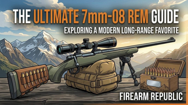 Illustration of a 7mm-08 Rem rifle with ammunition, highlighting long-range shooting in a mountain backdrop.