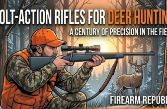 Illustration of a hunter with a bolt-action rifle aiming at a deer in a forest during sunset, highlighting precision in deer hunting.