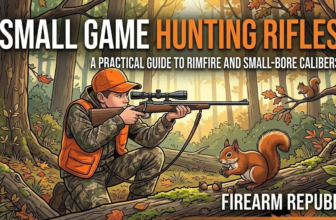 A young hunter aiming a rifle in a forest, illustrating small game hunting techniques and firearms.