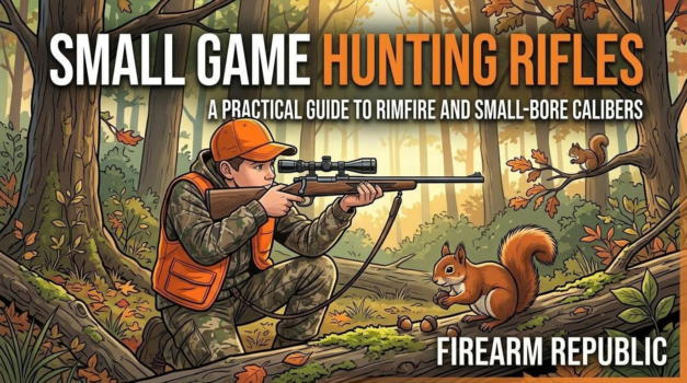 A young hunter aiming a rifle in a forest, illustrating small game hunting techniques and firearms.