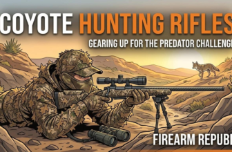 A camouflaged hunter lying in wait with a rifle for coyote hunting at sunset, featuring the text Coyote Hunting Rifles.