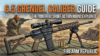 Detailed illustration of a 6.5 Grendel caliber guide, showcasing a rifle and ammunition in a desert setting.