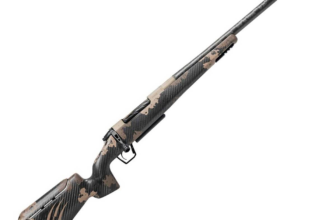 High-performance sniper rifle with a carbon fiber body and camo pattern for hunting and shooting precision.