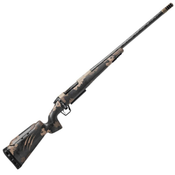High-performance sniper rifle with a carbon fiber body and camo pattern for hunting and shooting precision.
