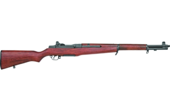 Classic wooden rifle with a black barrel, featuring a sleek design and traditional craftsmanship.