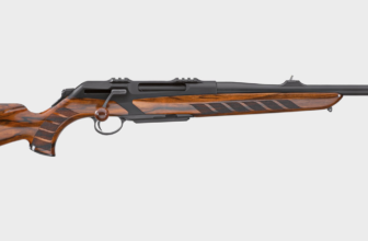Side view of a sleek rifle featuring an elegant wooden stock and a matte black finish, designed for precision shooting.