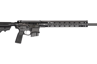 Sleek black rifle with an adjustable stock and rail system for attachments, ideal for precision shooting and customization.