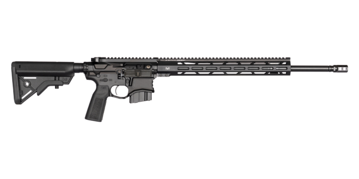 Sleek black rifle with an adjustable stock and rail system for attachments, ideal for precision shooting and customization.
