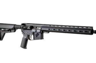 Black modern rifle with tactical features and rail system, showcasing precision engineering by Uintah Precision.