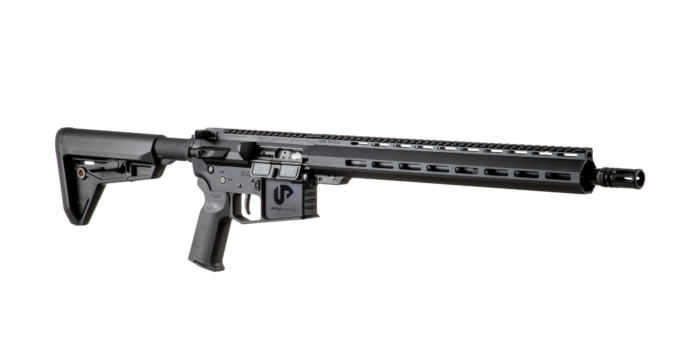 Black modern rifle with tactical features and rail system, showcasing precision engineering by Uintah Precision.