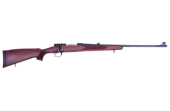 Bolt-action rifle with a wooden stock and blued steel barrel, showcasing craftsmanship and design.