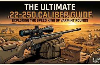 A .22-250 caliber rifle with ammunition, highlighting its features for varmint hunting in a desert landscape.