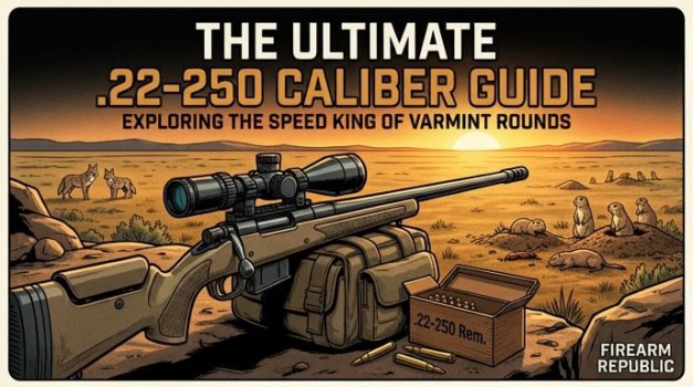 A .22-250 caliber rifle with ammunition, highlighting its features for varmint hunting in a desert landscape.