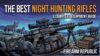 Illustration featuring night hunting rifles, wildlife, and gear, promoting a comprehensive equipment guide for hunters.