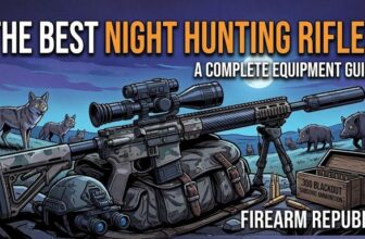 Illustration featuring night hunting rifles, wildlife, and gear, promoting a comprehensive equipment guide for hunters.