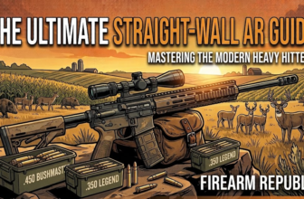 An illustrated guide to straight-wall ARs, featuring a rifle and ammo options in a scenic outdoor setting.